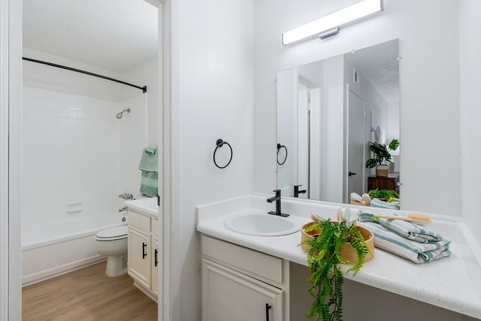 Bright and modern bathroom featuring sleek white fixtures, elegant vanity with ample storage, and fresh greenery for a serene ambiance.