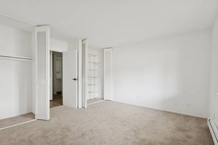 Spacious bedroom with soft carpet flooring and ample closet storage, perfect for modern living.