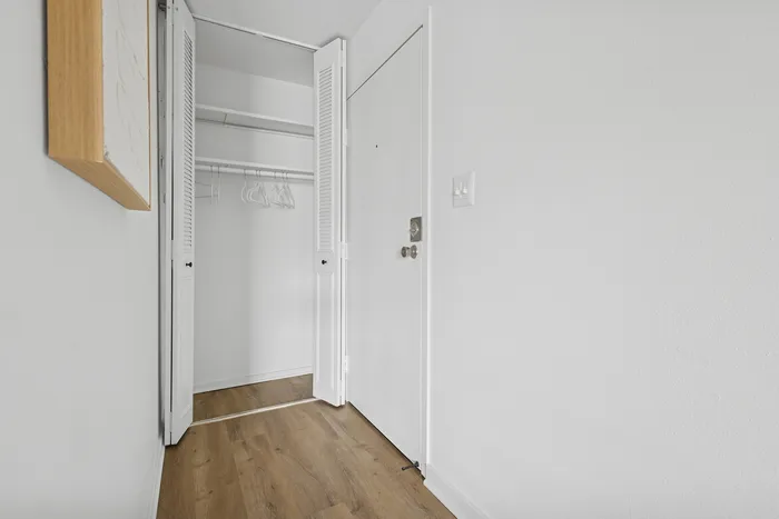 Bright entry with natural wood flooring and a clean, open closet featuring white doors.