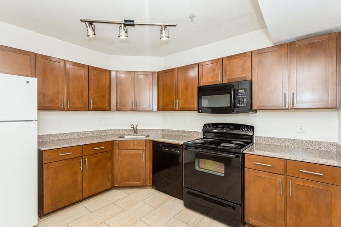 Modern kitchen with sleek wood cabinets, granite countertops, and black appliances offering style and functionality.