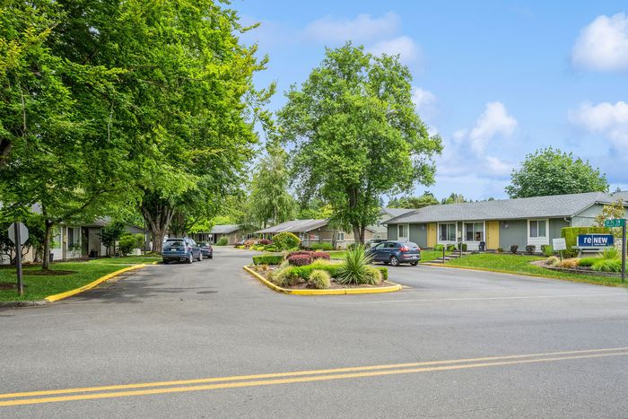 Charming residential community with lush greenery, well-maintained landscaping, and cozy single-story homes.