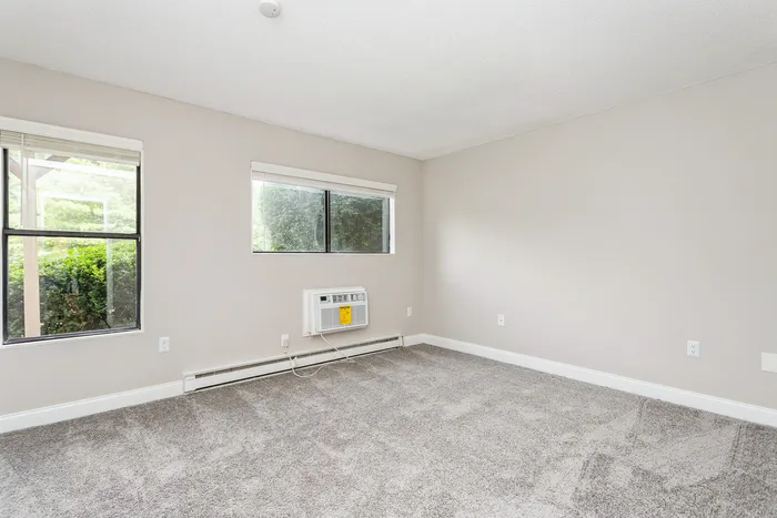 Bright and inviting room with plush gray carpeting and large windows for abundant natural light, featuring a compact wall-mounted air conditioner.