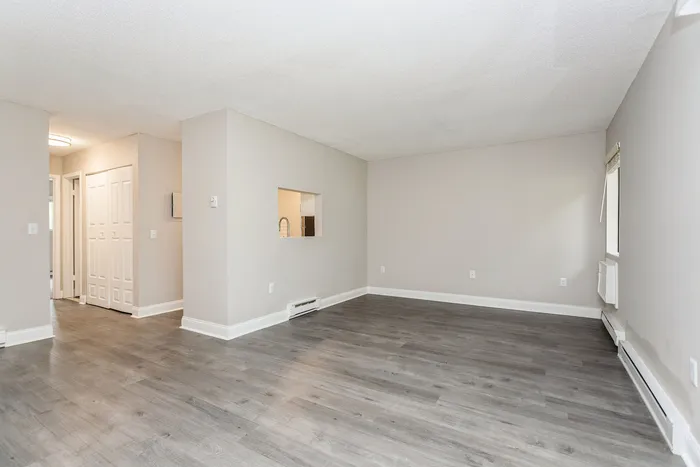 Modern living room with sleek gray laminate flooring, neutral walls, and an open plan showcasing ample space and natural light.