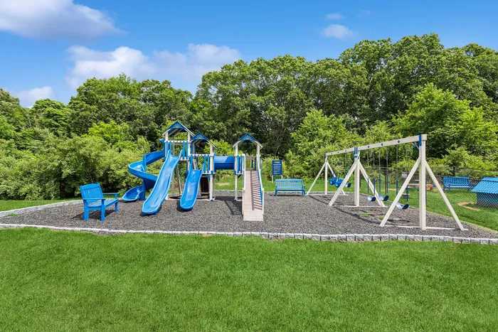 Scenic outdoor play area with vibrant blue slides and swings, surrounded by lush greenery, perfect for family enjoyment and relaxation.