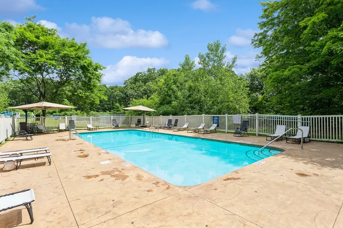 Inviting outdoor swimming pool surrounded by lush greenery and relaxing lounge chairs, perfect for leisure and recreation.