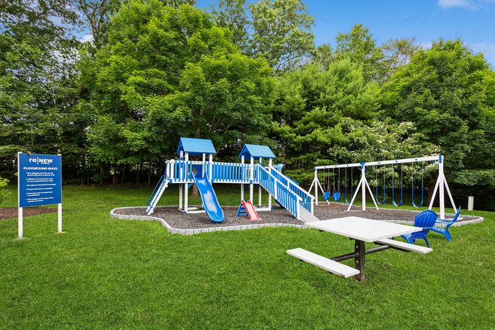 Charming outdoor playground with vibrant blue and white equipment, nestled amidst lush greenery, featuring slides and swings for family fun.