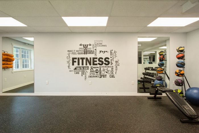 Modern fitness room featuring motivational wall art, exercise balls, and sleek workout equipment. Perfect space for a healthy lifestyle.