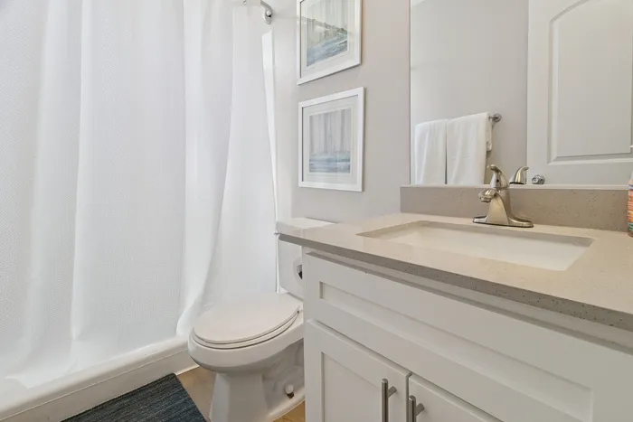 Elegant bathroom with modern fixtures, featuring a sleek countertop, contemporary faucet, and stylish wall art, creating a serene and inviting space.