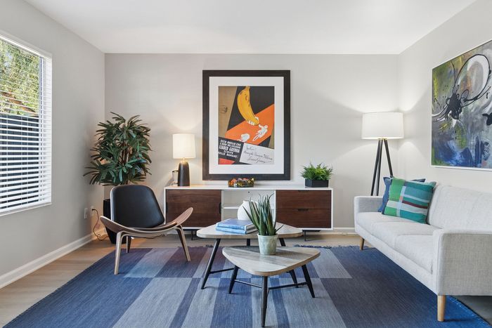 Contemporary living room with stylish decor, featuring a cozy gray sofa, chic armchair, and modern artwork. Bright natural light fills the space, complemented by elegant lamps and vibrant plants.