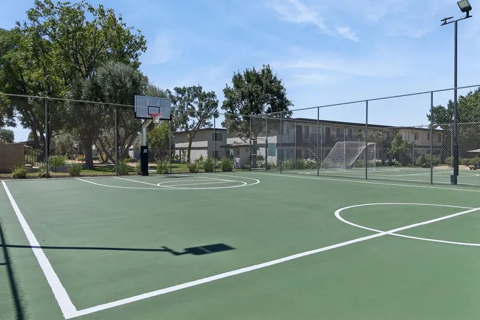 Vibrant outdoor basketball court surrounded by lush greenery, offering recreational opportunities in a serene apartment community.