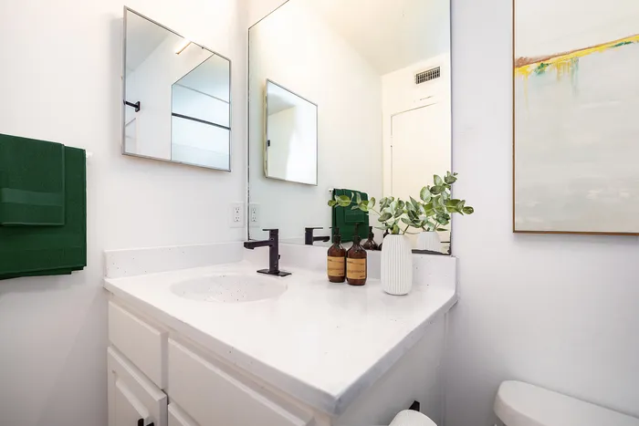Elegant bathroom with a sleek countertop, modern fixtures, and stylish decor including a vase with greenery and luxurious toiletries.