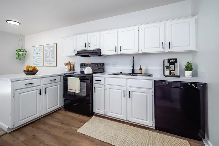 Chic modern kitchen with white cabinetry, sleek appliances, and inviting decor.