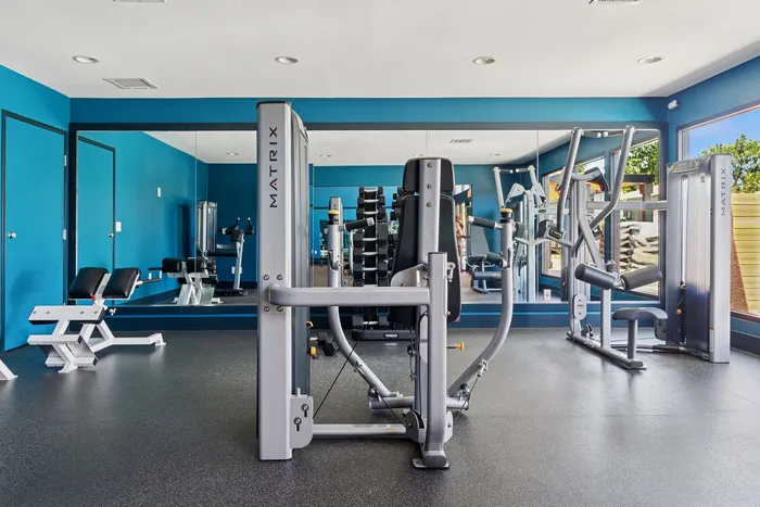 Modern apartment gym with sleek blue walls, professional exercise equipment, and large mirrors for a dynamic workout experience.