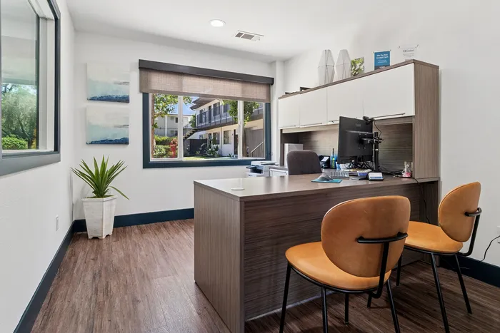 Contemporary office space with sleek wooden flooring, modern desk, and vibrant window view inviting natural light.