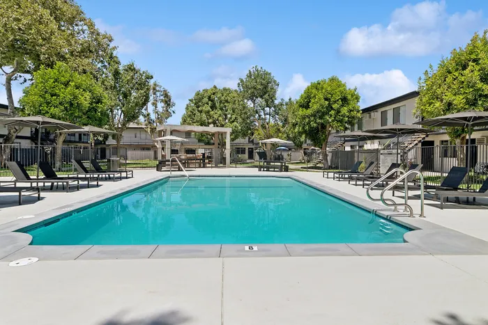 Inviting apartment complex pool area with stylish lounge chairs, surrounded by lush greenery and clear blue skies.