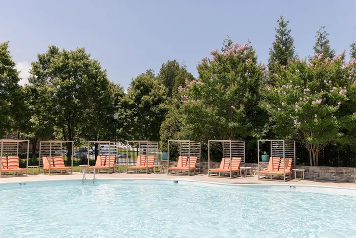 Inviting poolside retreat at ReNew Howard Crossing with stylish loungers under clear blue skies, surrounded by lush greenery.
