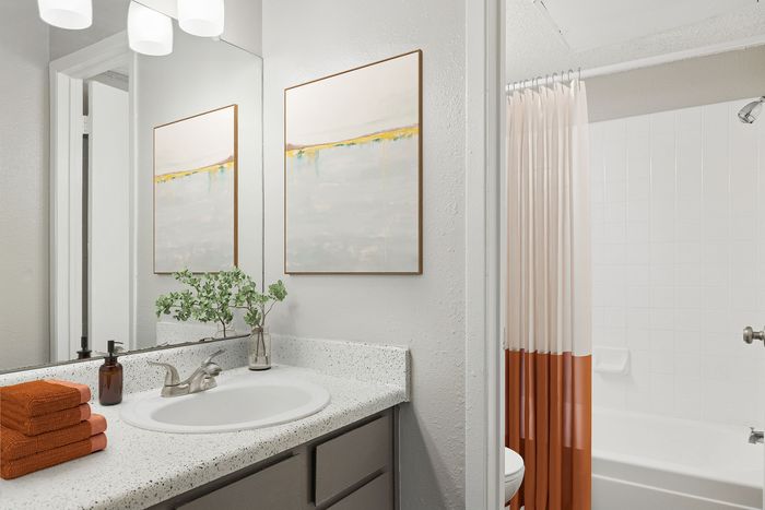 Bright and modern bathroom at ReNew Heights featuring elegant vanity, chic artwork, and a stylish shower with a white and orange curtain.