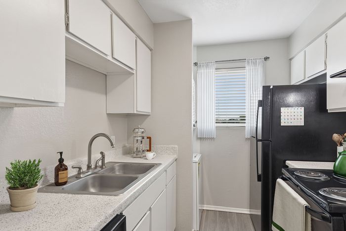Modern kitchen with sleek white cabinetry, stainless steel dual sinks, and elegant countertops illuminated by natural light through a window, featuring a black refrigerator and stylish decor.