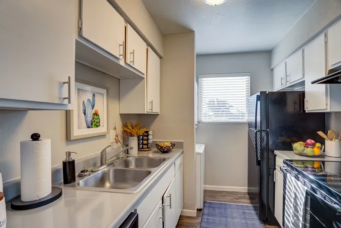 Charming kitchen with sleek countertops, modern appliances, and a sunlit window, perfect for culinary creativity.
