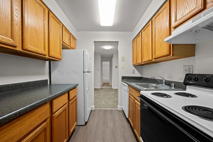Modern galley kitchen with sleek appliances, abundant cabinet storage, and elegant countertops, offering a stylish and functional cooking space.