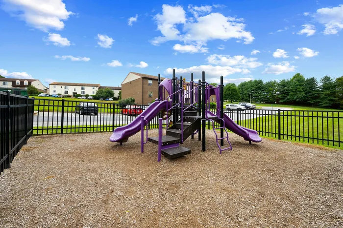 Inviting playground with a purple slide set against a backdrop of green grass and blue skies, ideal for family-friendly living.