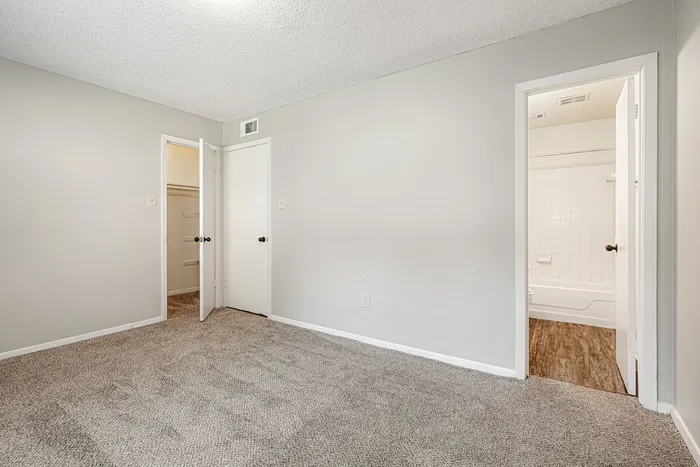 Bright and spacious bedroom with plush carpet, walk-in closet, and access to a modern bathroom.