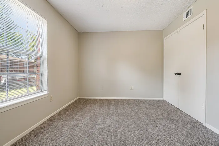 Bright carpeted room with large window offering abundant natural light and serene views.