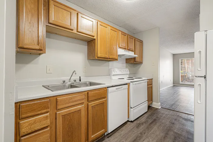 Charming kitchen with elegant wooden cabinets, sleek countertops, and modern appliances, leading to a bright and inviting open living space.