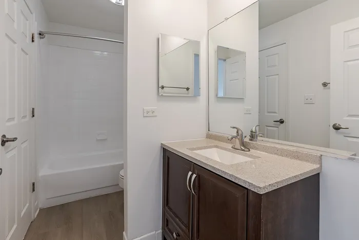 Modern bathroom with sleek vanity, spacious mirror, and elegant fixtures, offering a clean and inviting ambiance.