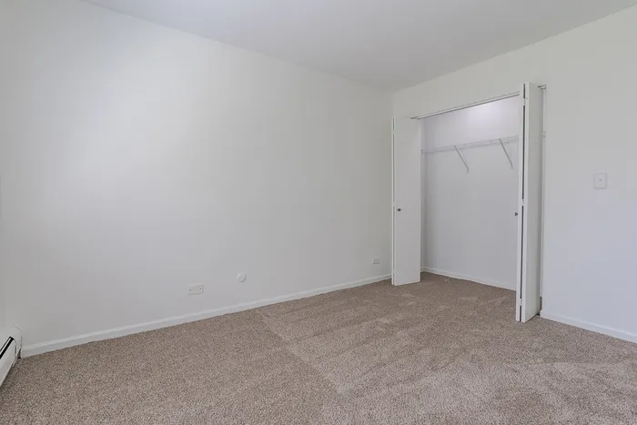 Bright and spacious room with plush carpet and a large closet, perfect for a cozy bedroom setup.