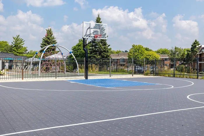 Inviting outdoor basketball court with modern playground equipment and lush green surroundings, ideal for family leisure and sports activities.