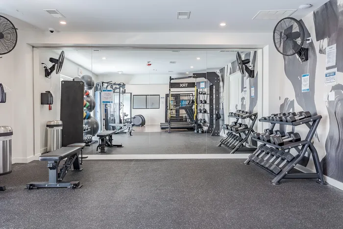 Modern fitness center featuring state-of-the-art gym equipment, sleek design, and ample space for a dynamic workout experience.