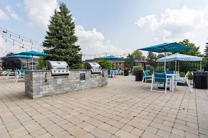 Charming outdoor patio with modern grills, shaded seating, and string lights, perfect for al fresco dining.