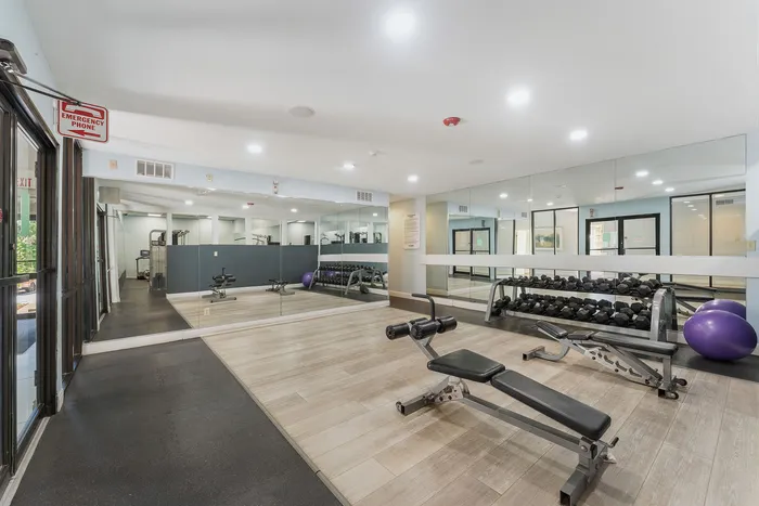 Bright and modern fitness center featuring mirrored walls, a variety of free weights, and exercise equipment for a complete workout experience.