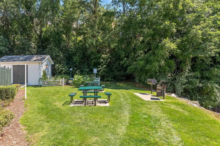 Charming outdoor area featuring a picnic table, well-maintained garden, and barbecue grills surrounded by lush greenery.