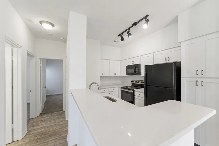 Modern kitchen with sleek black appliances, glossy white cabinets, and a spacious quartz countertop perfect for entertaining.