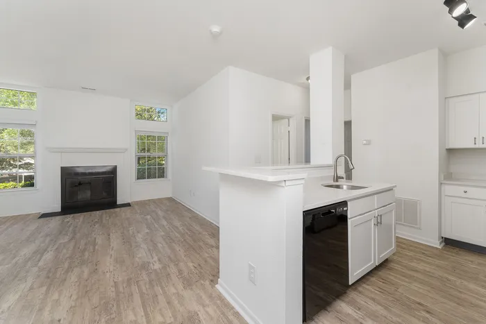 Modern apartment with open-concept living area, elegant fireplace, large windows, and sleek kitchen island.