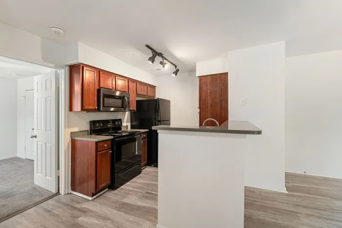 Modern kitchen with sleek cabinetry, black appliances, and stylish track lighting in a bright, open layout.
