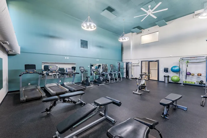 Spacious and modern gym facility featuring high ceilings, equipped with treadmills, ellipticals, exercise bikes, and a variety of fitness equipment. Ideal for a comprehensive workout experience.