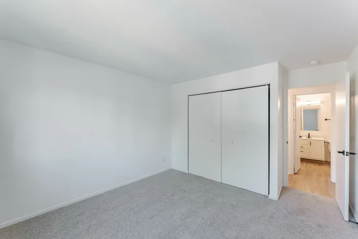 Bright bedroom with plush carpet and ample closet space, leading to a modern en-suite bathroom.