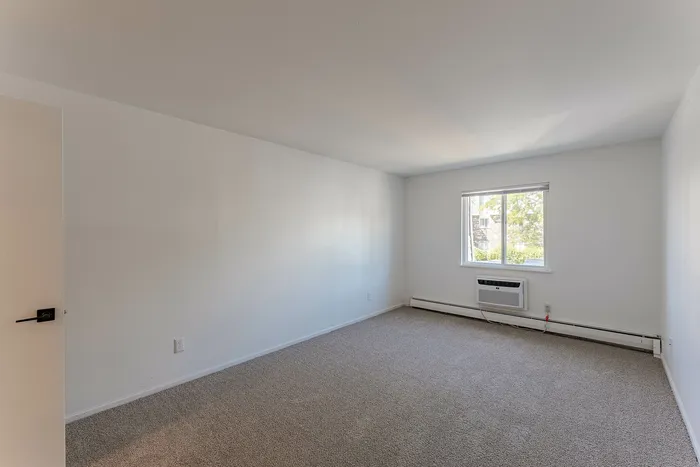 Bright and spacious bedroom with plush carpet, large window, and sleek wall-mounted air conditioning unit.