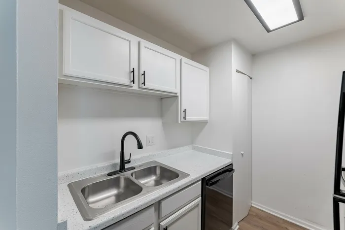 Sleek modern kitchen with white cabinetry, stainless steel double sink, and stylish black faucet.