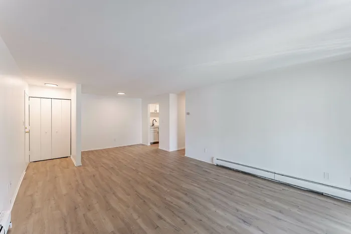 Bright and spacious apartment interior with sleek wooden floors and modern finishes, featuring a closet and a glimpse of a stylish kitchen.