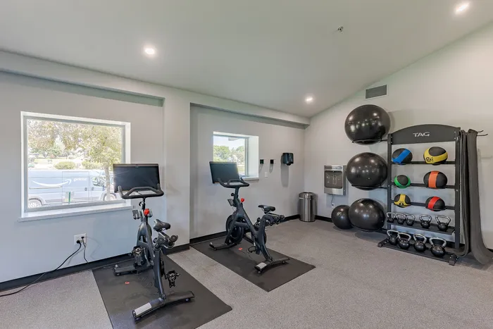Modern fitness room featuring exercise bikes, kettlebells, stability balls, and bright natural lighting.