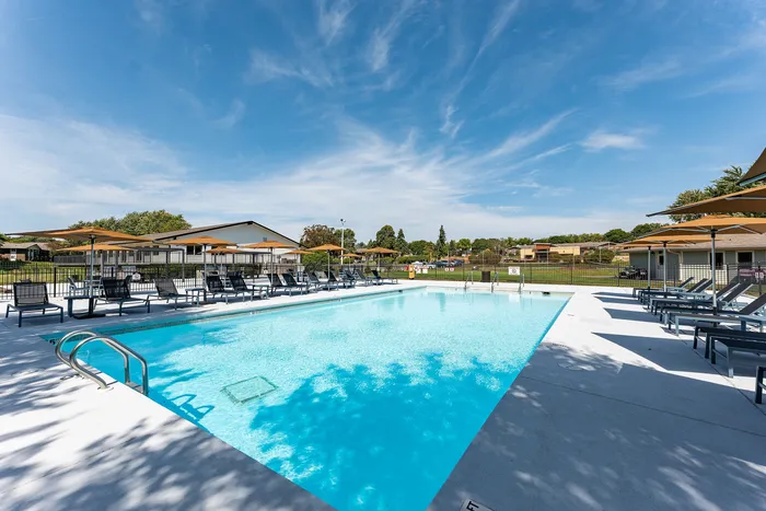 Inviting outdoor pool area with sun loungers and umbrellas, surrounded by lush greenery and a clear blue sky.