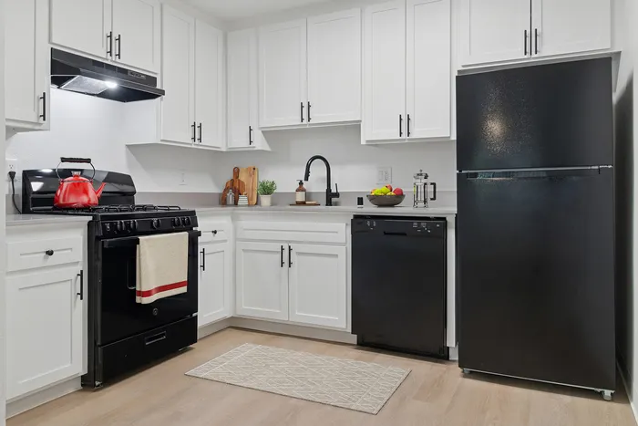 Contemporary kitchen with sleek black appliances, white cabinetry, and elegant decor.