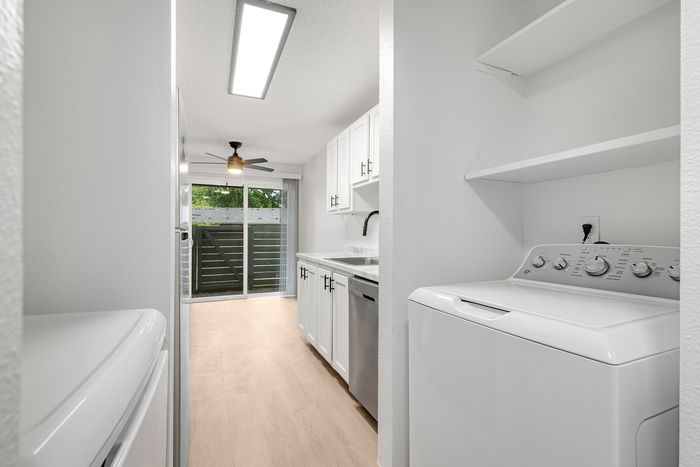 Bright modern kitchen with sleek white cabinets, stainless steel appliances, and a sliding glass door leading to a serene outdoor view.