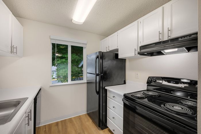 Modern kitchen with sleek black appliances, white cabinetry, and a bright window view.