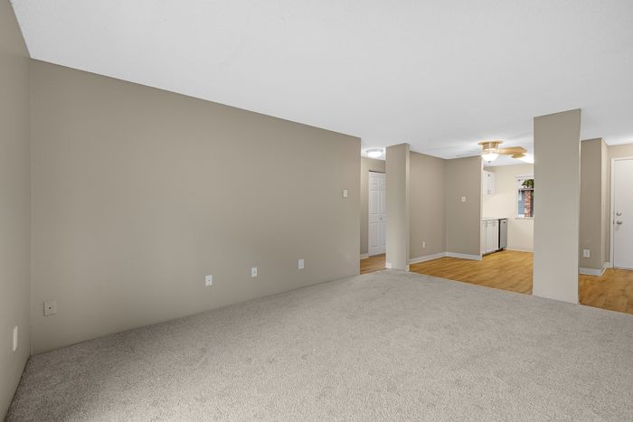 Spacious apartment interior with plush carpeted living area, wood-floored dining space, and modern ceiling fan, creating a cozy and inviting atmosphere.