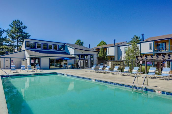 Inviting apartment complex with a sparkling outdoor pool, sunlit lounge chairs, and modern architecture perfect for relaxation.